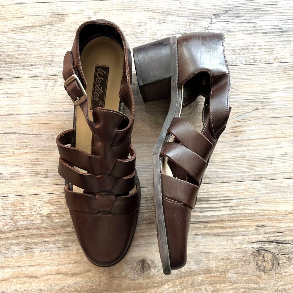 Leather Strappy Brown Sandals with Low Heel